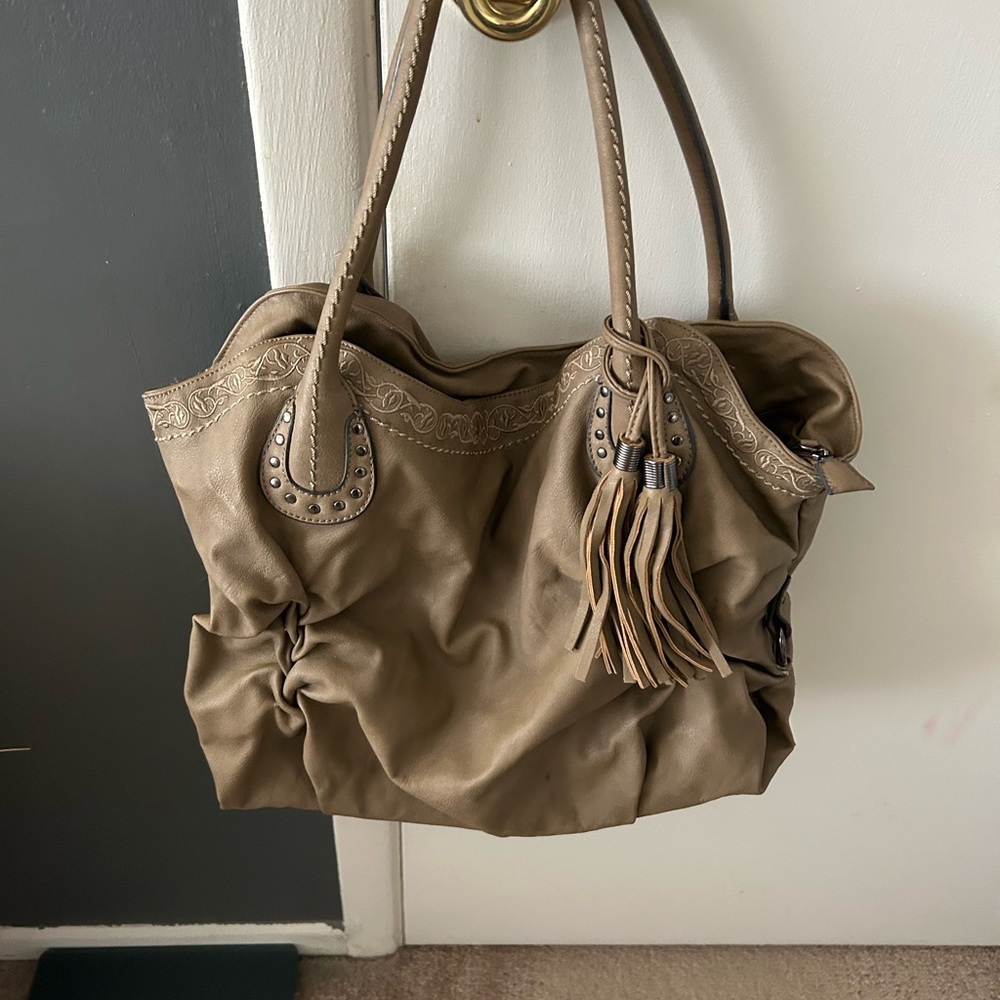 Tan Slouchy Shoulder Bag with Tassel Accents